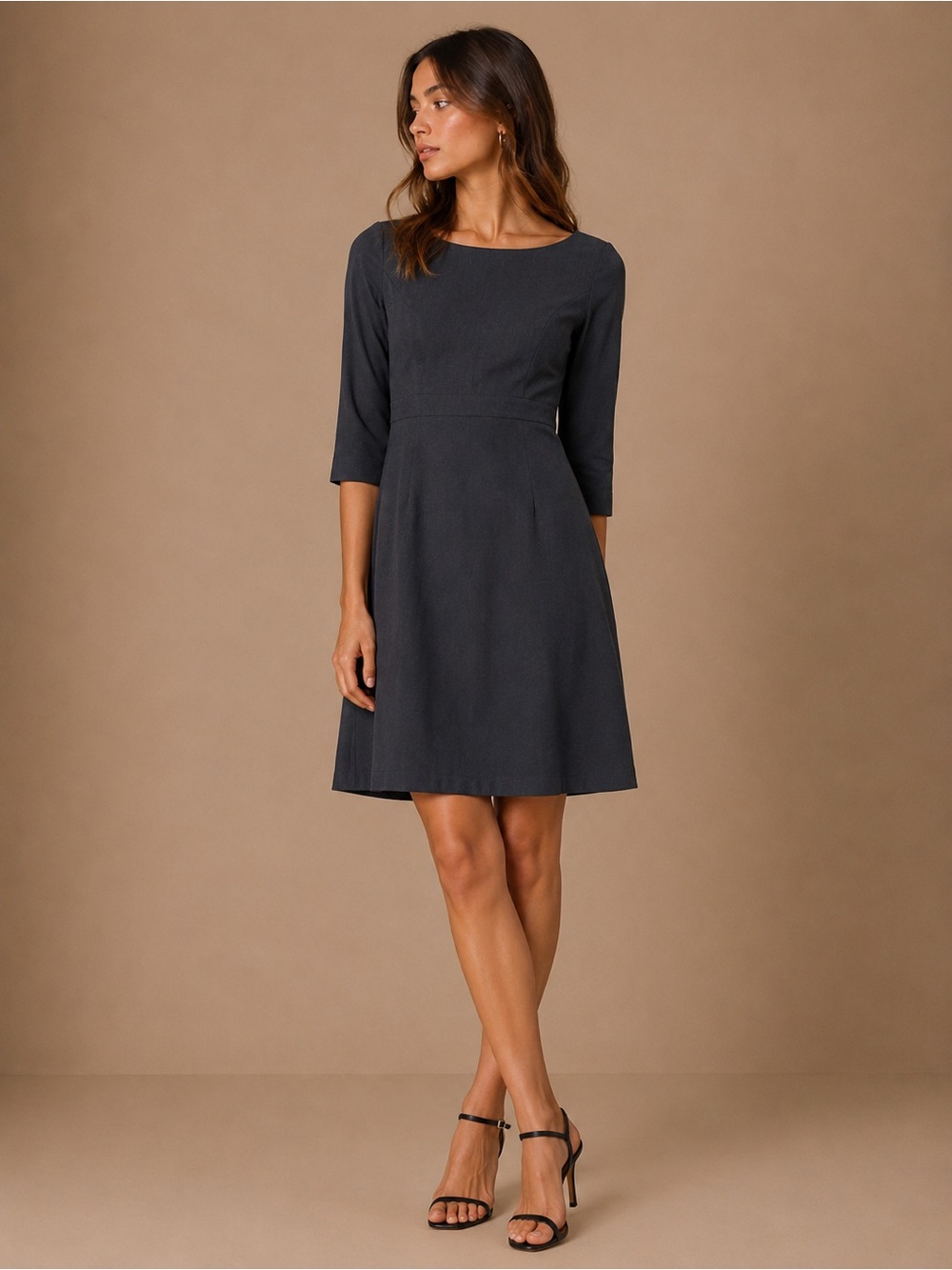 J. Crew Dark Charcoal Wool Blend Midi Dress with Three-Quarter Sleeves Size 6